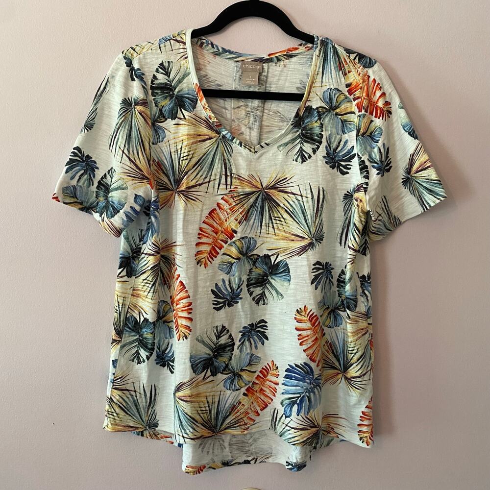 Chico's Tropical Print Short Sleeve V-neck Shirt Cotton Blend Women's 1 / Medium